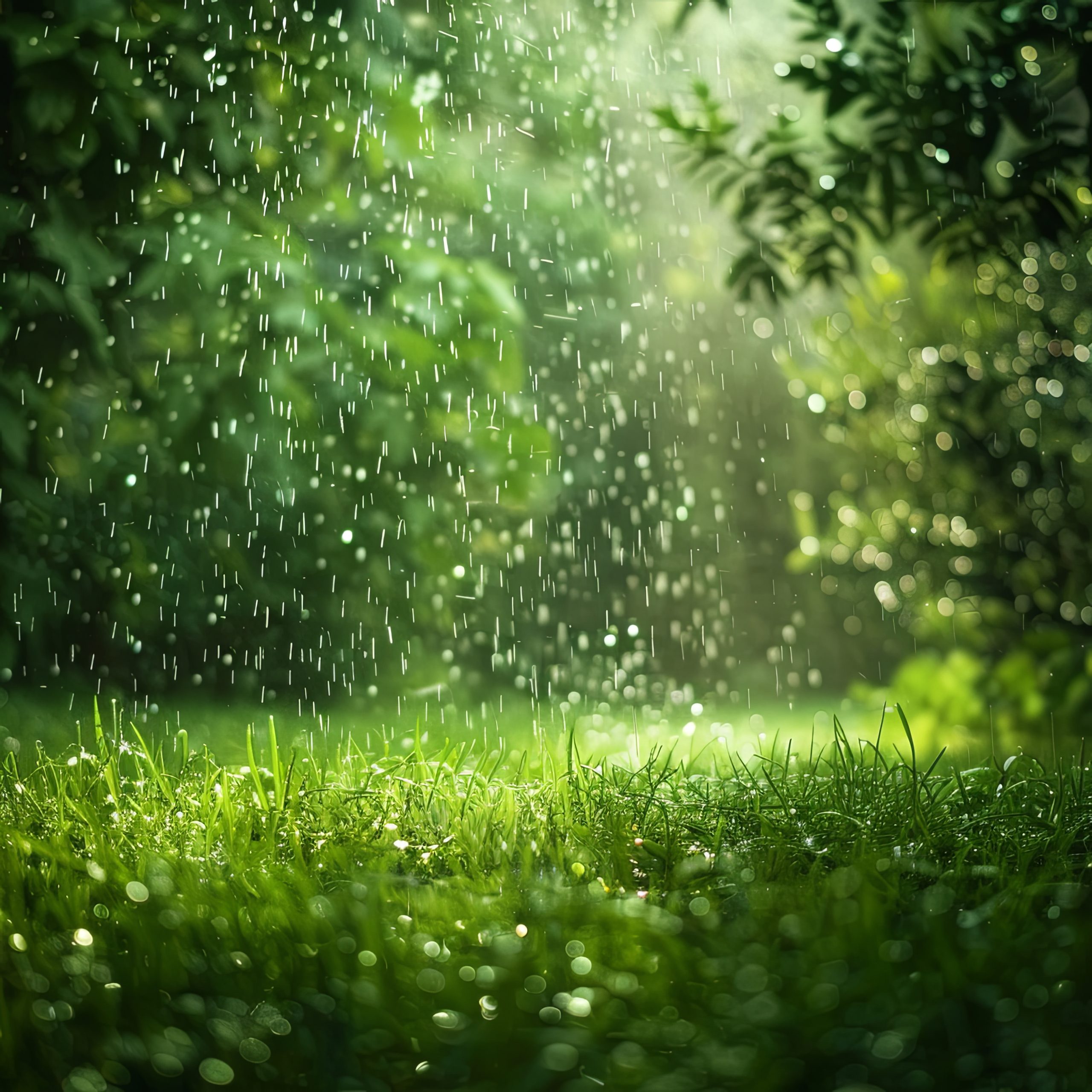 Environnement de végétation vert et lumineux avec une pluie qui tombe