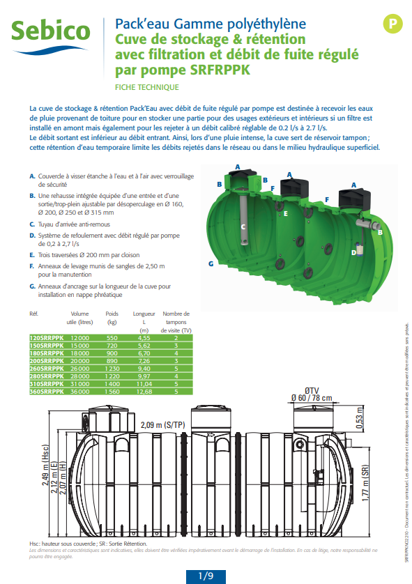 Cuve de stockage et rétention avec filtration avec débit de fuite régulé par pompe en polyéthylène Cuve de stockage et rétention avec filtration avec débit de fuite régulé par pompe en polyéthylène