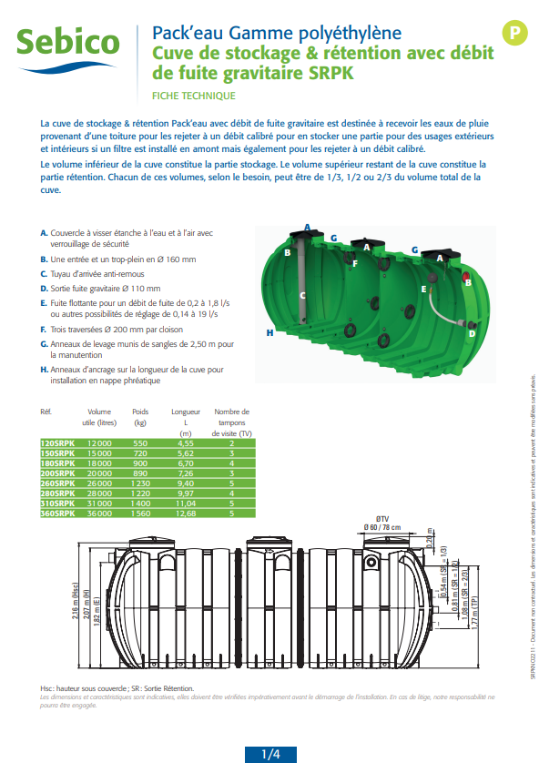 Cuve de stockage et rétention sans filtration avec débit de fuite gravitaire en polyéthylène Cuve de stockage et rétention sans filtration avec débit de fuite gravitaire en polyéthylène