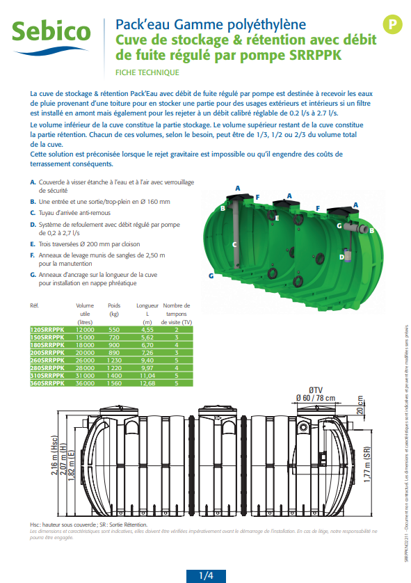 Cuve de stockage et rétention sans filtration avec débit de fuite régulé par pompe en polyéthylène Cuve de stockage et rétention sans filtration avec débit de fuite régulé par pompe en polyéthylène